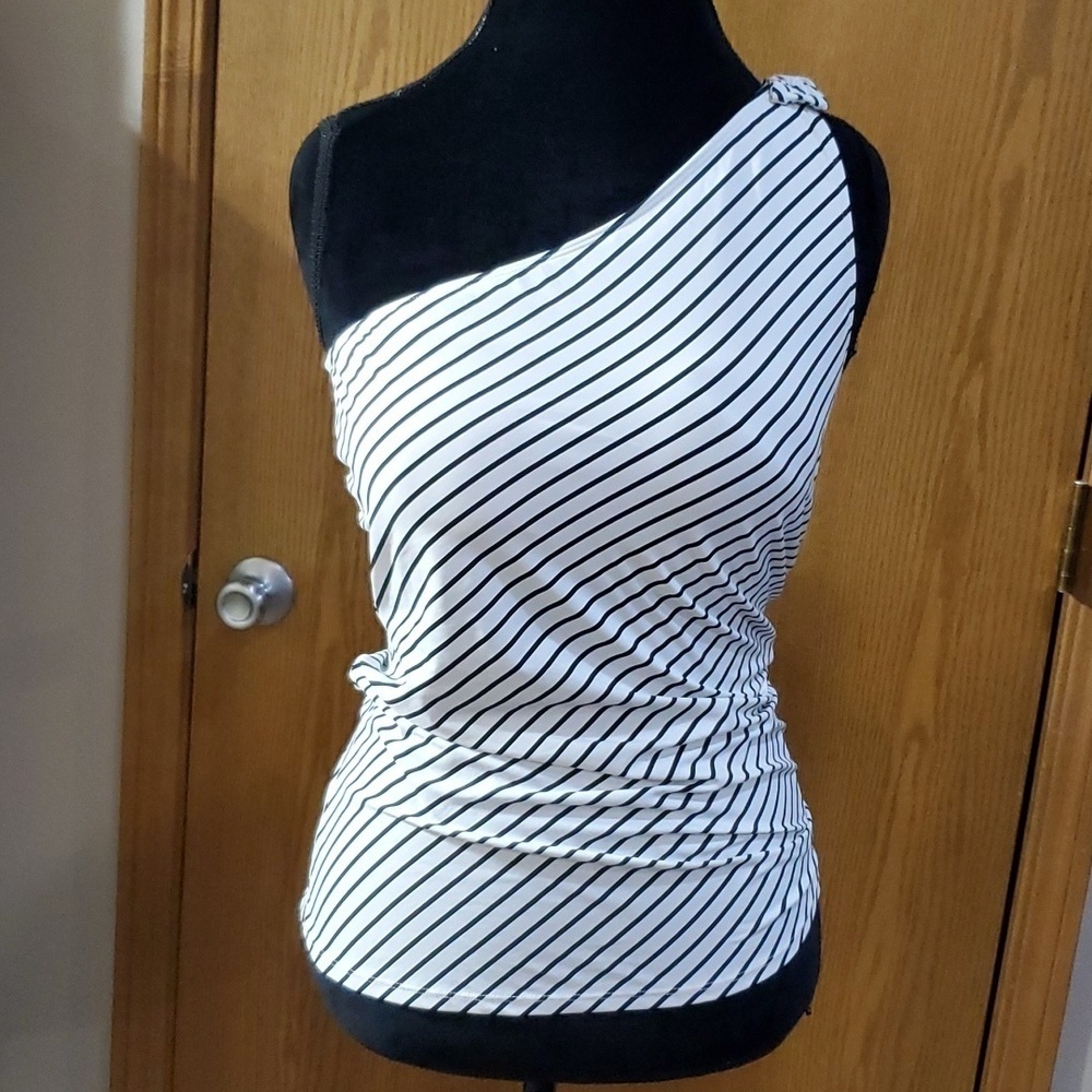 Lauren Ralph Lauren striped one shoulder swim tank top